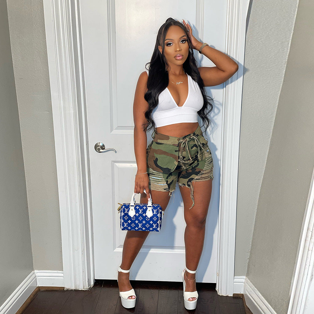 Camouflage Workwear Pocket Tassel Ripped Short