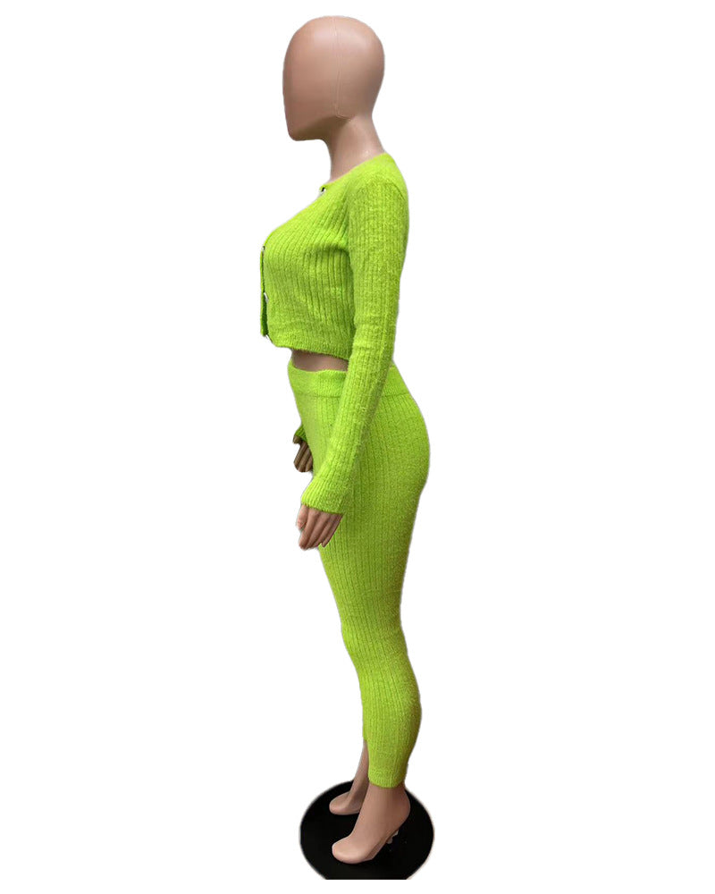 Solid Color Knitted Sweater Sexy Slim-Fit Cardigan 3PC Set