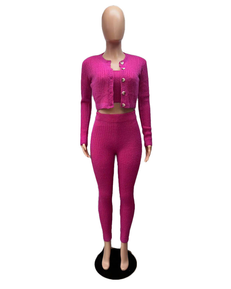 Solid Color Knitted Sweater Sexy Slim-Fit Cardigan 3PC Set