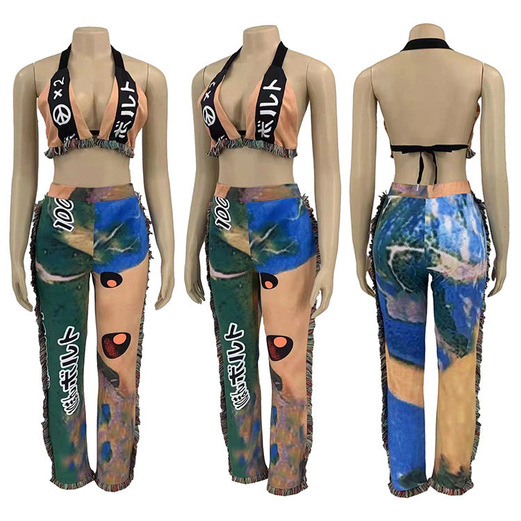 Printed Shoulder-Wrapped Chest Backless Tassel 2PC Set