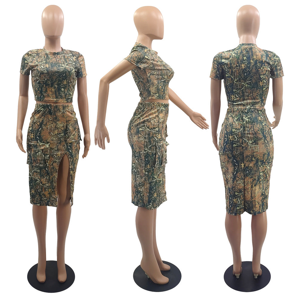 Camouflage Floral Split Mini Skirt Short Sleeve 2PC Set