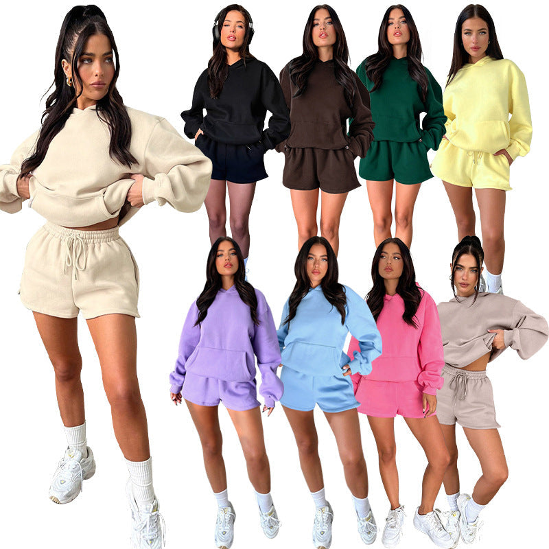 Solid Color Long Sleeved Shorts Hoodie Two-piece Set
