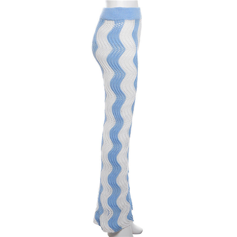 Wave Pattern Color Matching Knitted High Waisted Wide Leg Pants