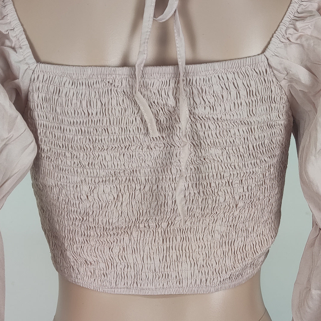 Pleated Balloon Sleeve Cinched Waist Top