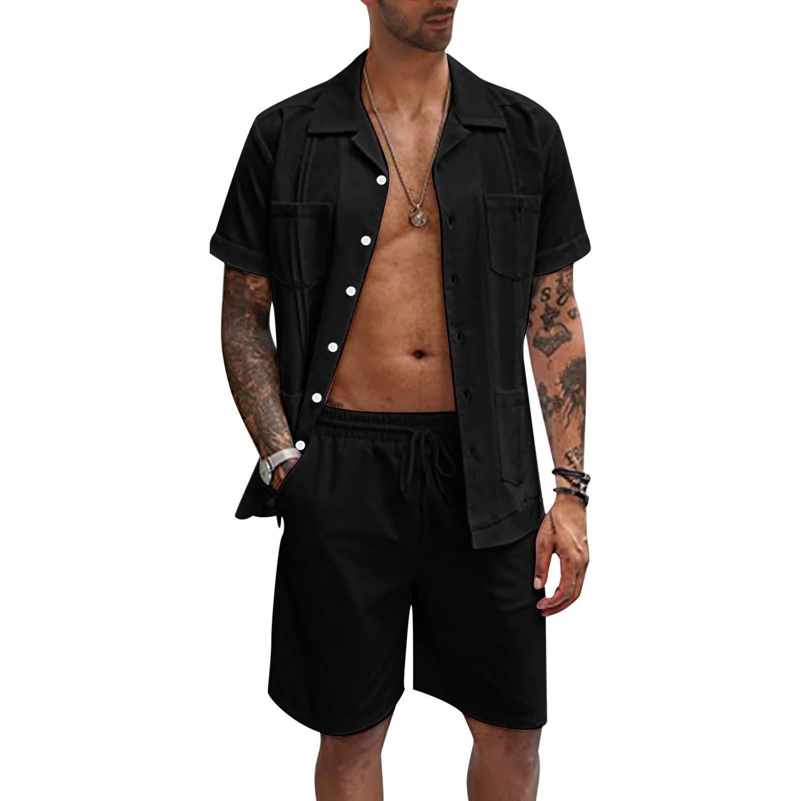 Linen Loose Short Sleeve Shorts Men's 2 PC Suit