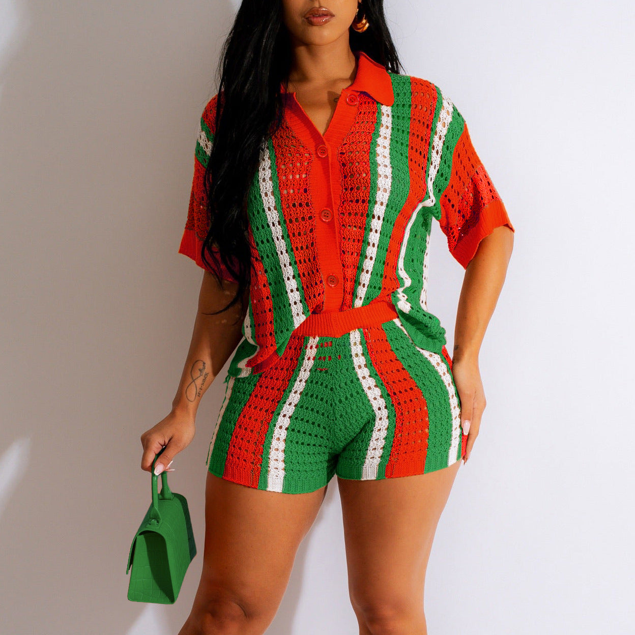 Hollow out See-through Contrast Color Lapels Knitted Shorts Suit