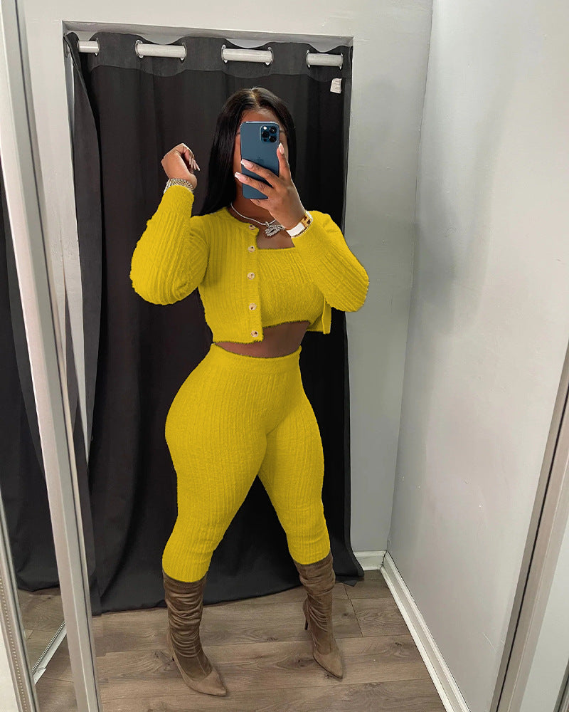 Solid Color Knitted Sweater Sexy Slim-Fit Cardigan 3PC Set