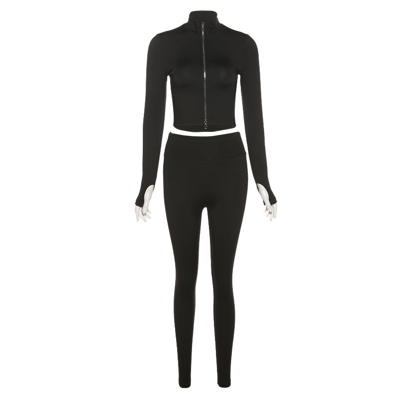 Stand Collar Zippered Long Sleeve Top High Waist Tight Trousers Set