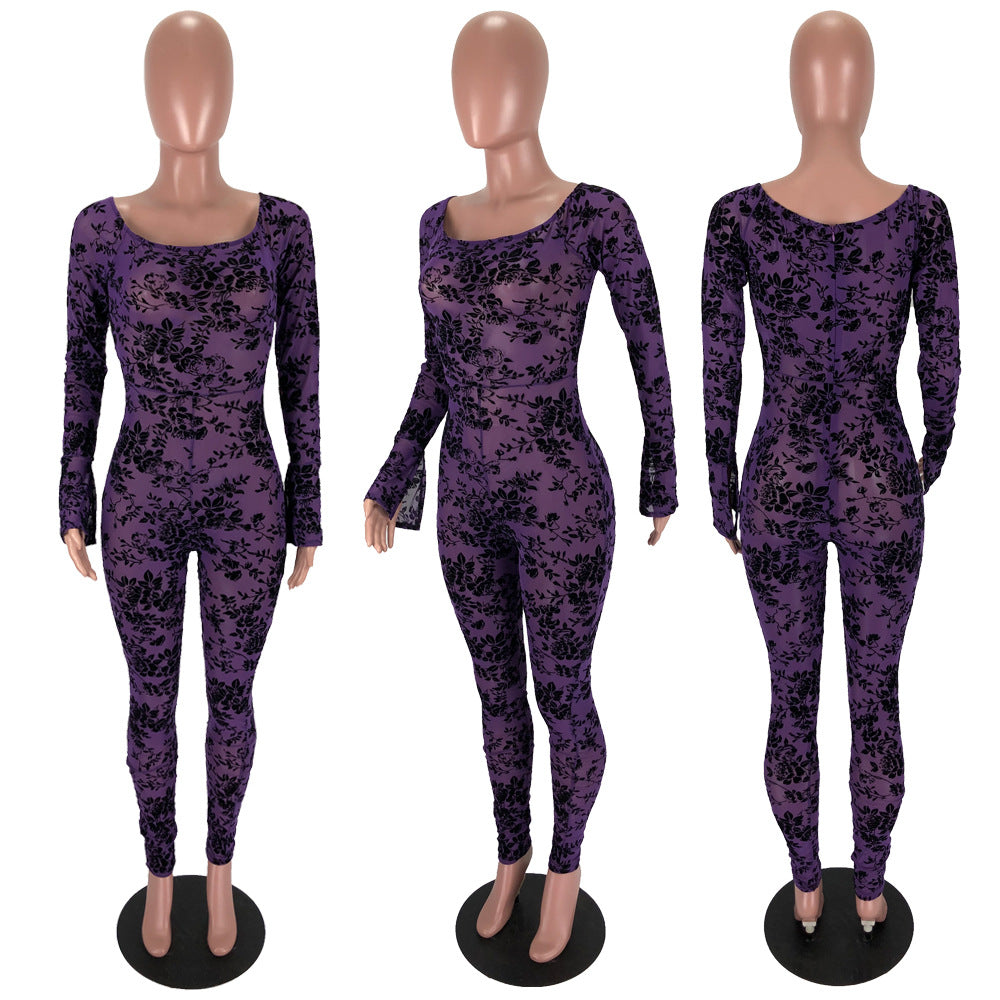Mesh flocked shoulder jumpsuit