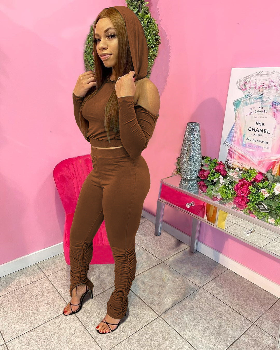 Sexy Lace-up Split Pleated Pants Hooded 2PC SET