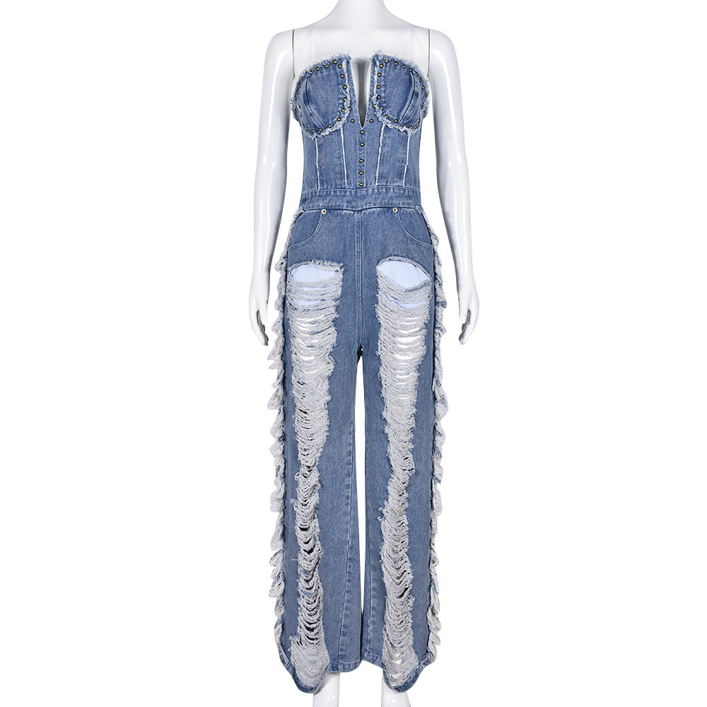 Tassel Hole Rhinestone Washing Water Denim Jumpsuit Female