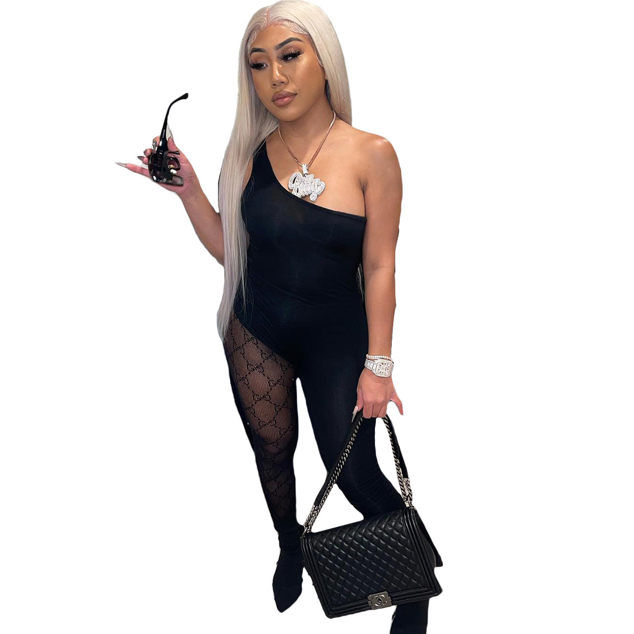 Off-the-Shoulder Stitching Jumpsuit