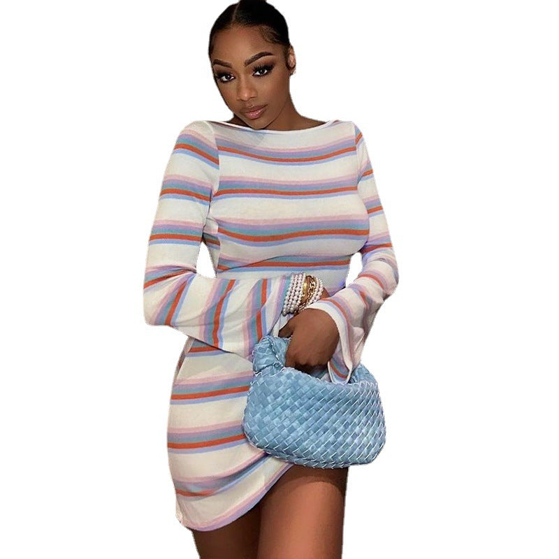 Striped Flared Sleeve Pullover Skirt Backless Waist Trimming A- line Skirt