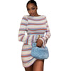 Striped Flared Sleeve Pullover Skirt Backless Waist Trimming A- line Skirt