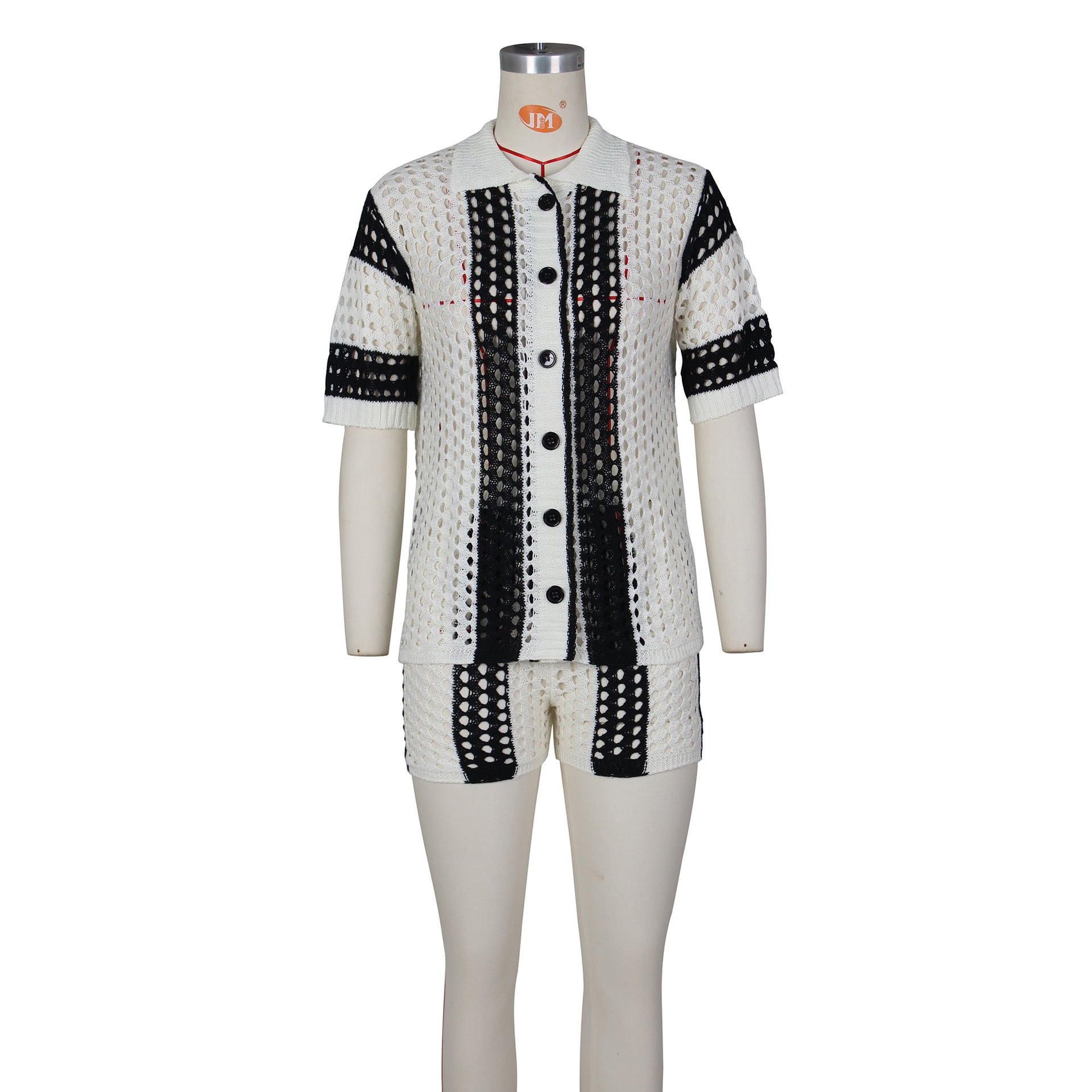 Hollow out See-through Lapel Knitted Shorts Suit