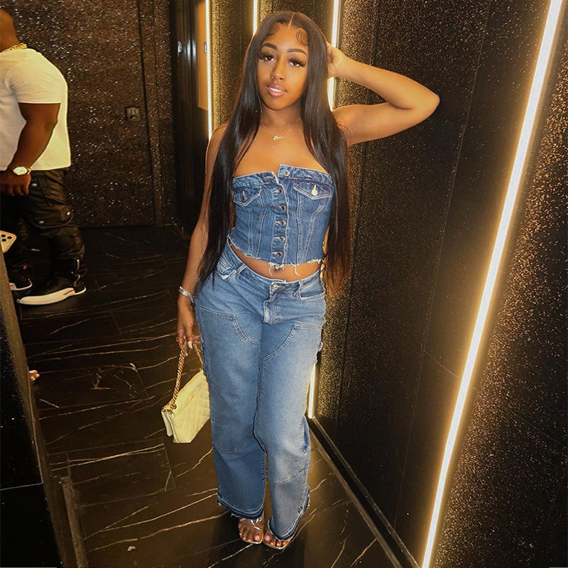 Denim Slim-Fit Buttoned Tank-Top