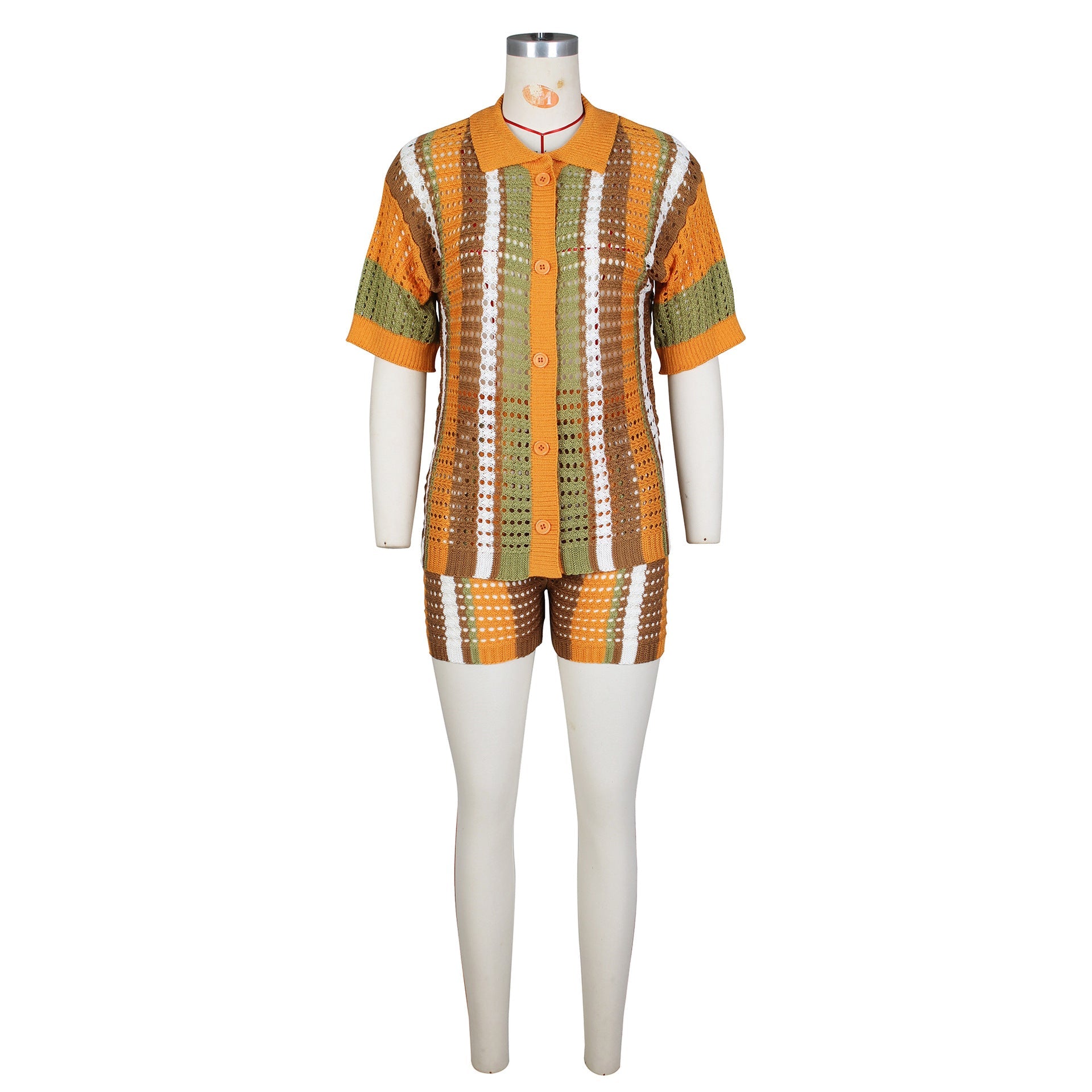 Hollow out See-through Contrast Color Lapels Knitted Shorts Suit