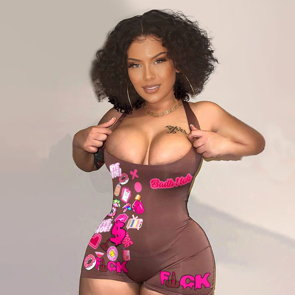 Street Tight High Elastic Printed Halter One-Piece Suit