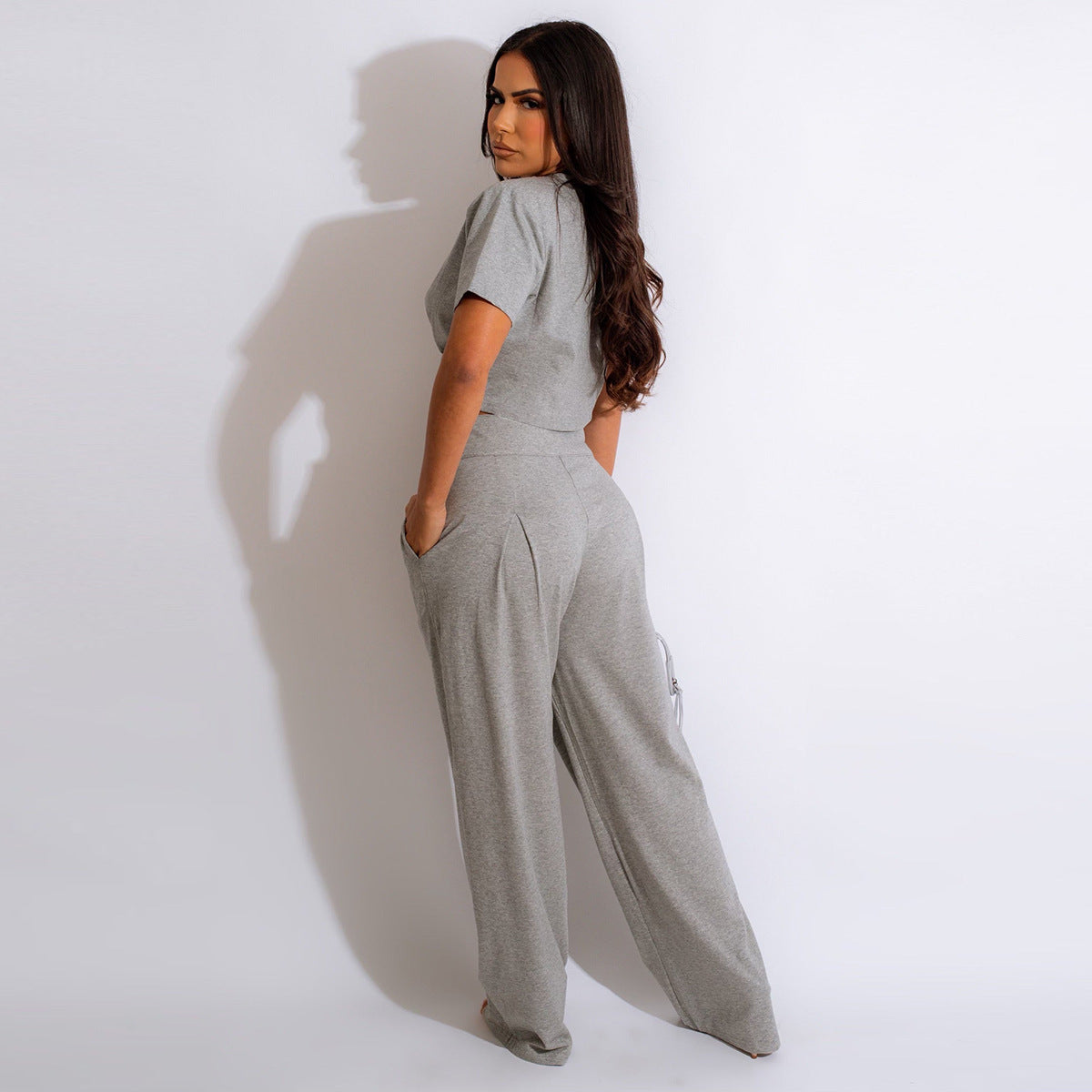 Cotton Short-sleeved Pleated T-shirt Wide-leg Pants Two-piece Suit