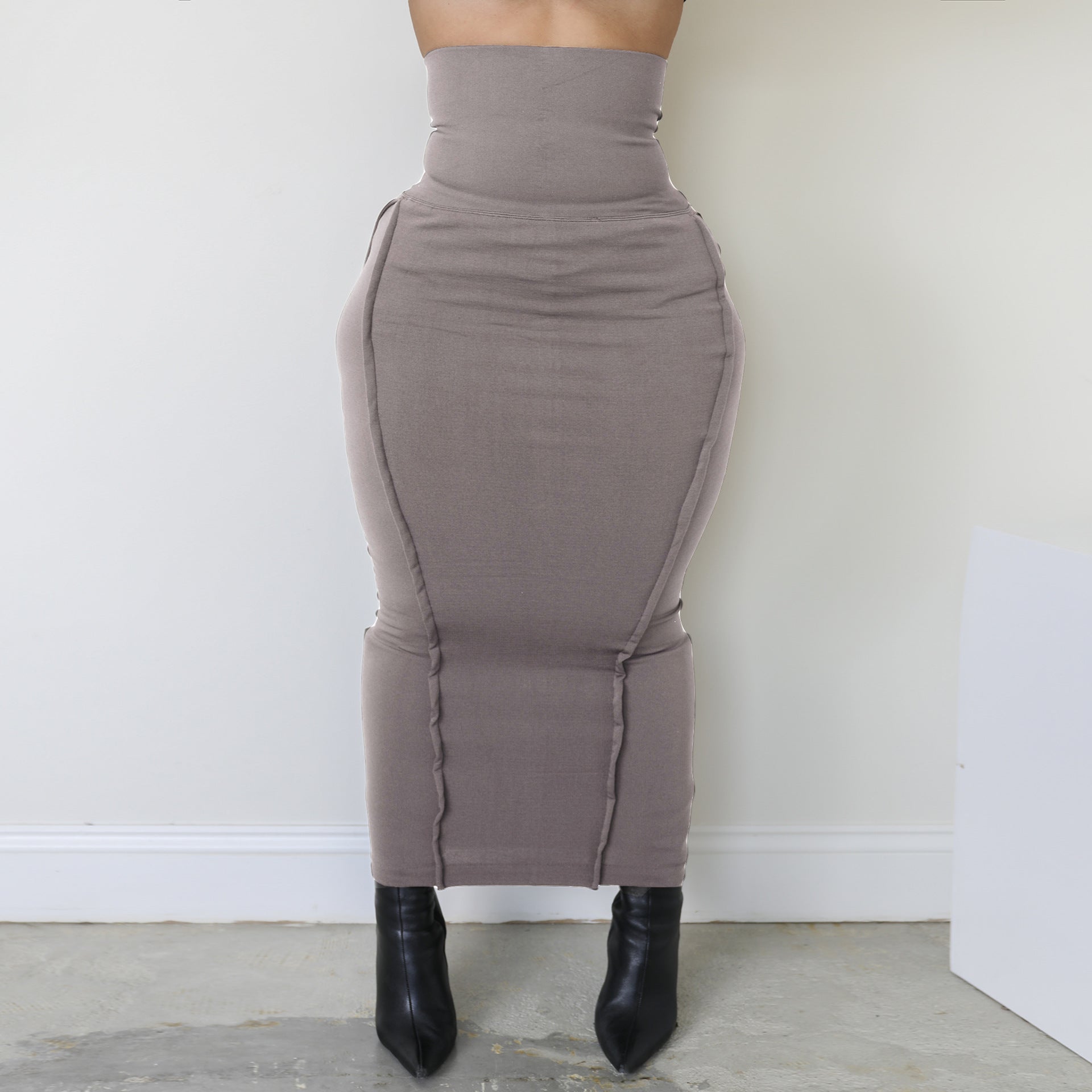 Solid color high waisted elastic waistband patchwork car edge one step skirt long skirt