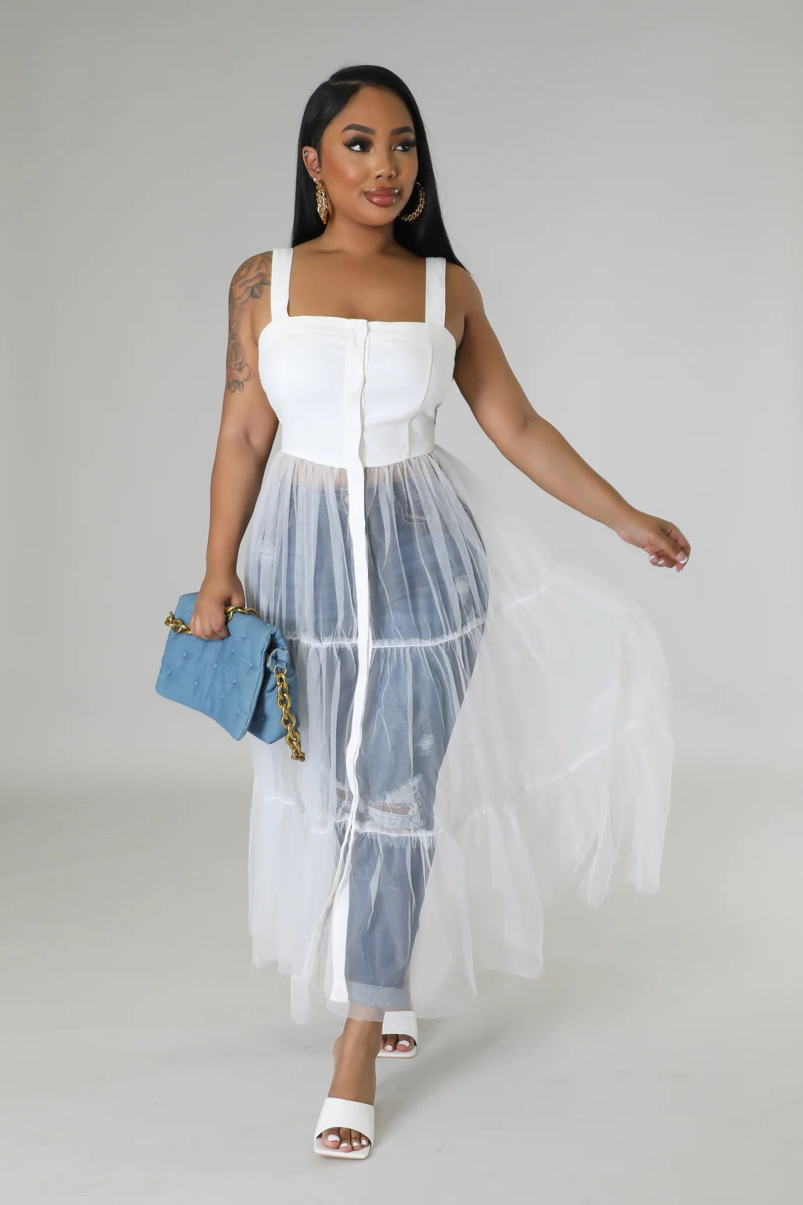 Straps Tulle Stitching Large Swing Dress