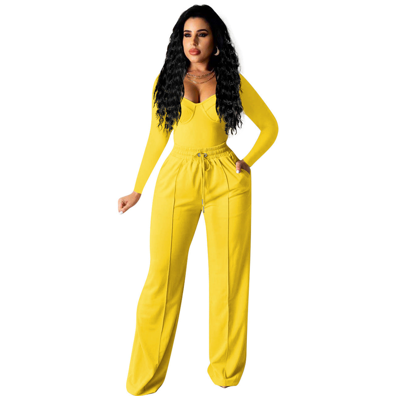 Long sleeved solid color low cut two-piece set