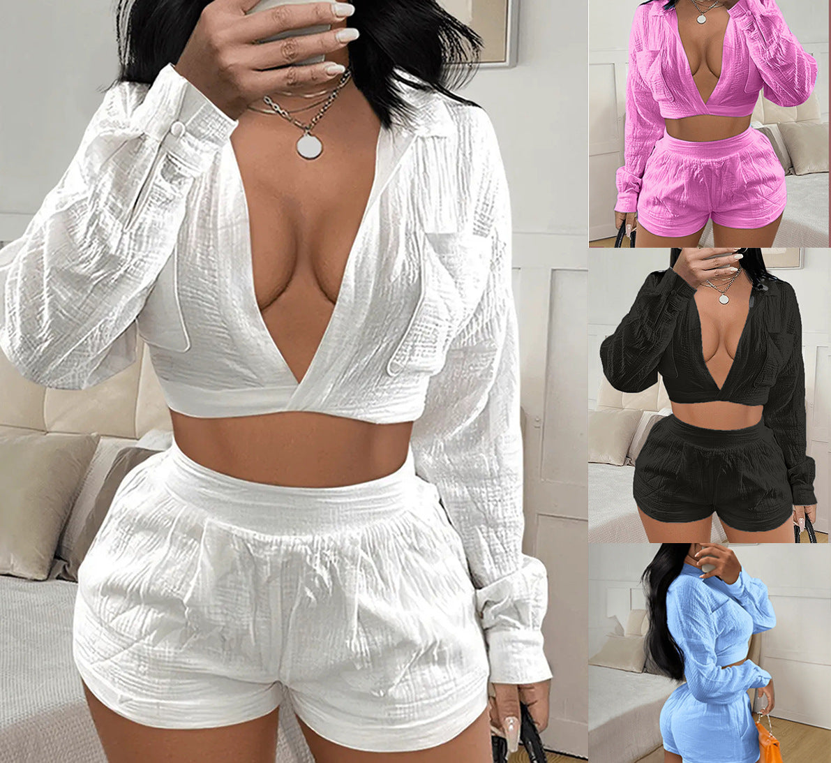 Deep V Neck Long Sleeve Pocket Pullover Set