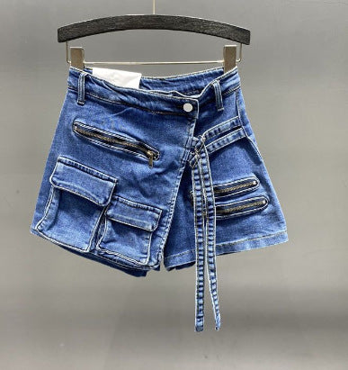 Irregular Multi-Pocket Workwear A- line Denim Skirt