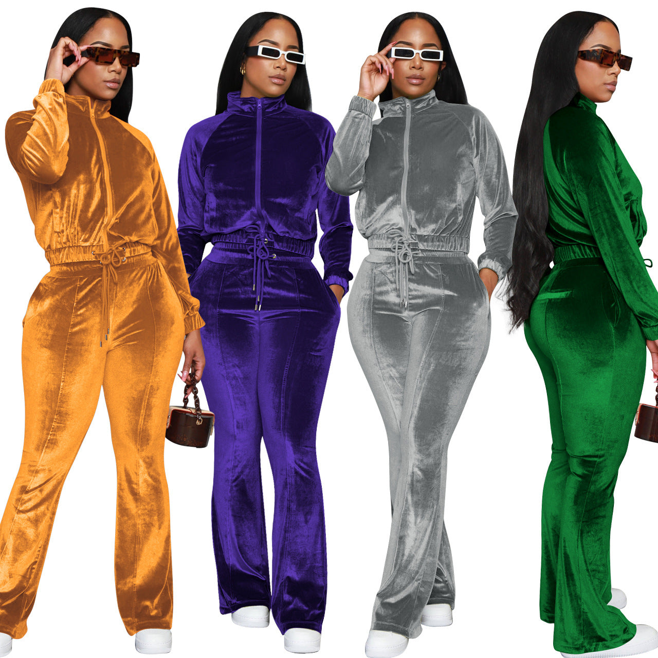 Fashion drawstring solid color dense velvet micro horn 2PC set