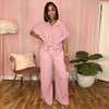 Tree Pattern Pleated Fabric Short Sleeved Shirt Wide Leg Pants Set