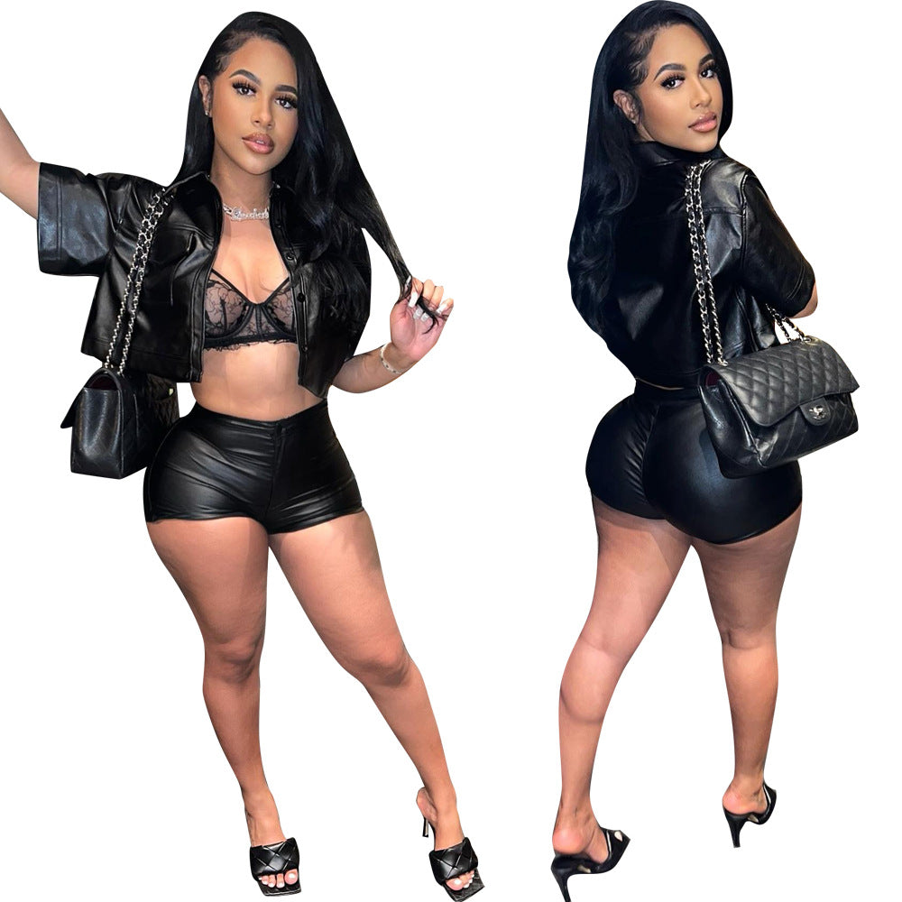 Tight Leather Coat Leather Shorts 2PC Set