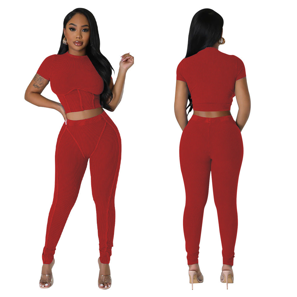 Pit stripe sports round neck tight and navel exposed set