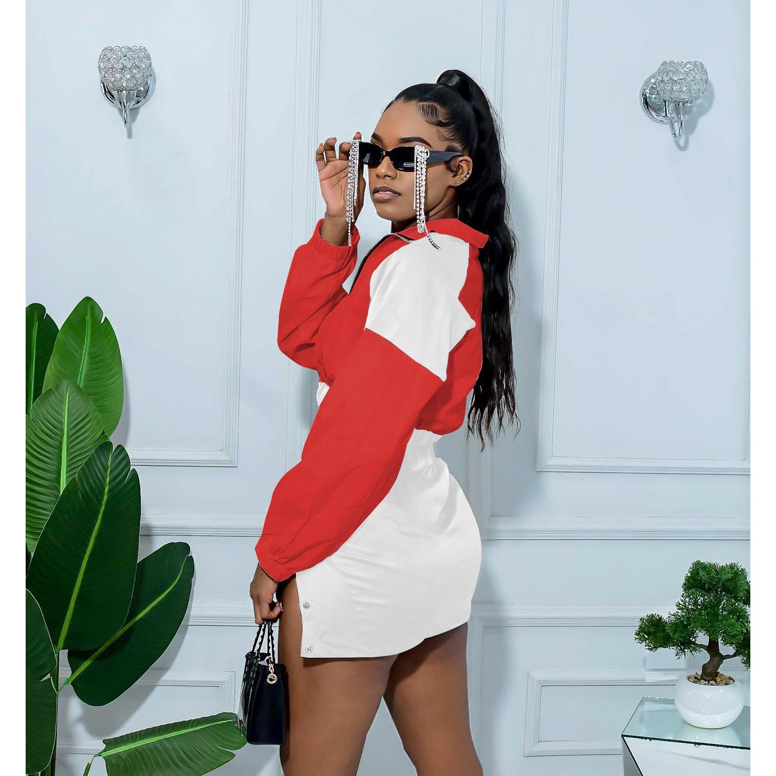 Split color-block long sleeve short skirt set stretch two-piece