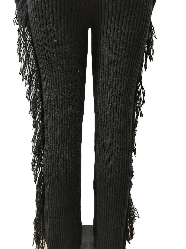 Casual Solid Color Knitted Long Sleeve Tassel Suit Women's Knitted Sweater