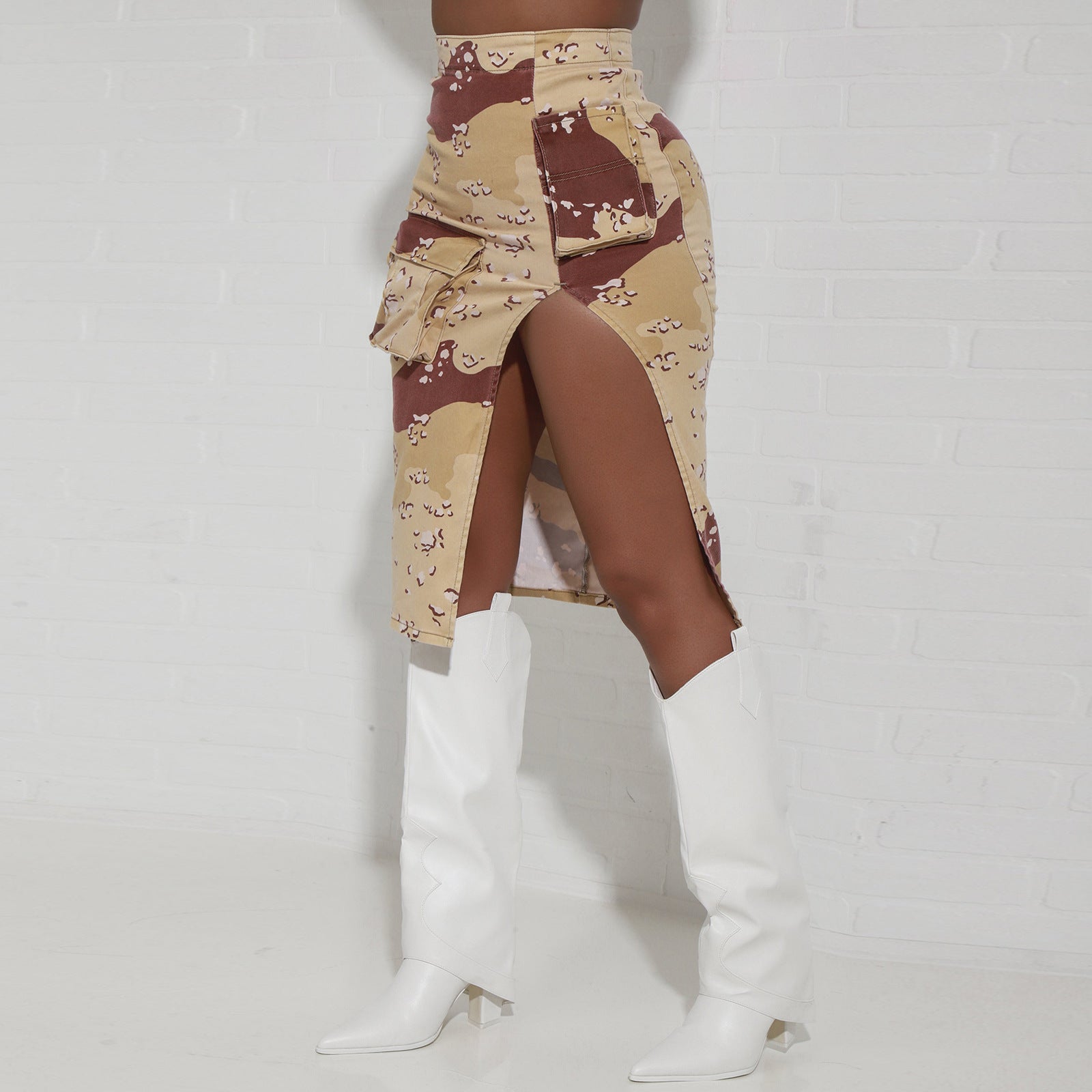 Camo Leaf Print Pocket Split Zip High Waist Skirt