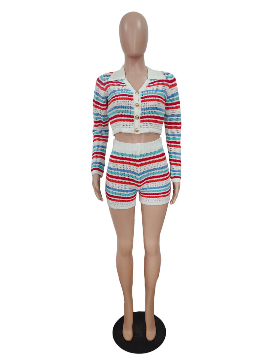 Lapel Cardigan Double-breasted Long Sleeve Striped Color Matching Knit Two-piece Suit