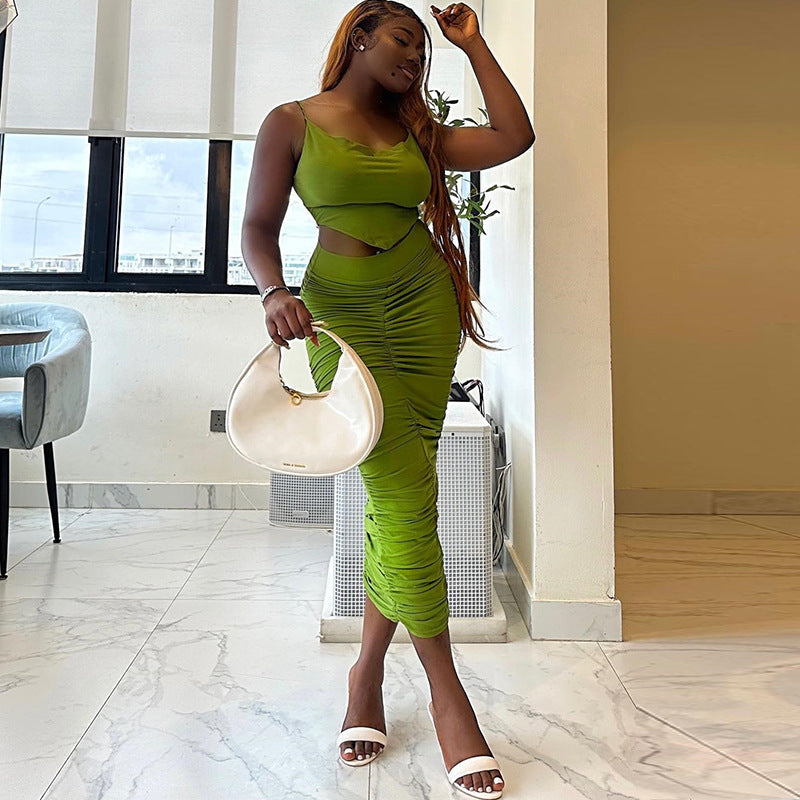 Solid Color Suspender Hip Skirt Two-piece Set