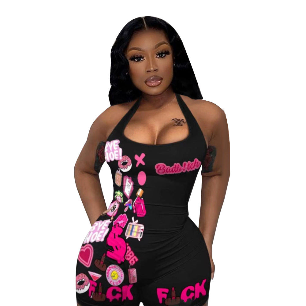 Street Tight High Elastic Printed Halter One-Piece Suit