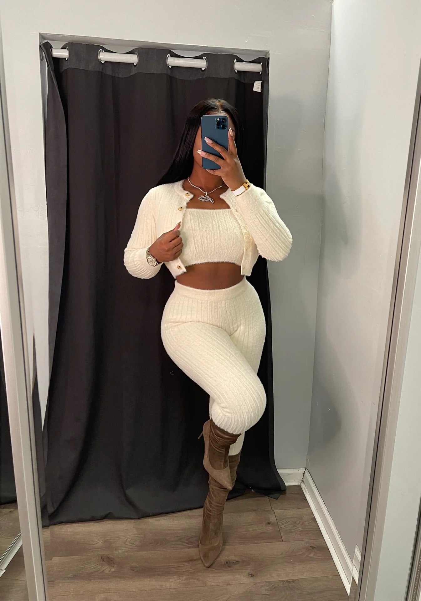 Solid Color Knitted Sweater Sexy Slim-Fit Cardigan 3PC Set