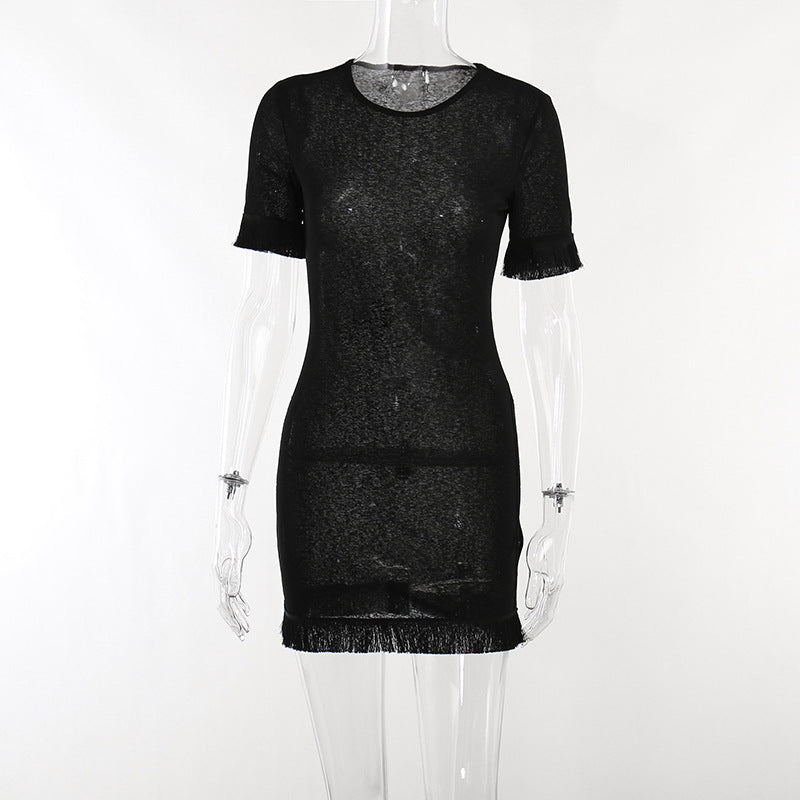 See-through Tassel Short Sleeve Sheath Dress