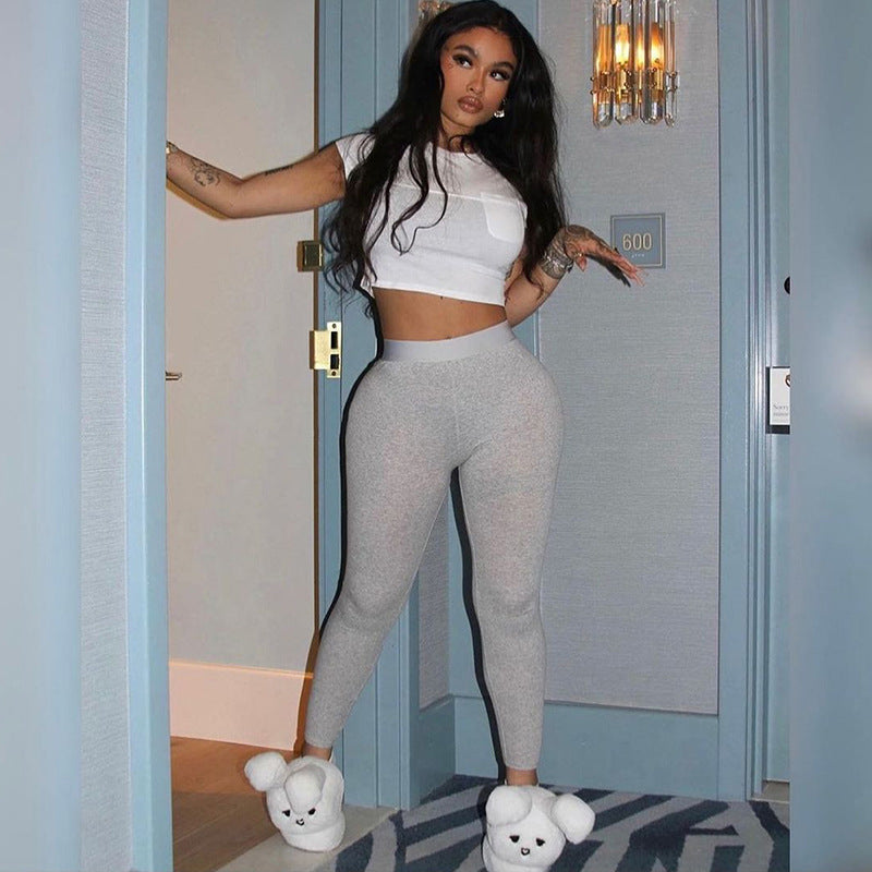 Contrast Color Pocket Top Tight Trousers Sports and Leisure Set