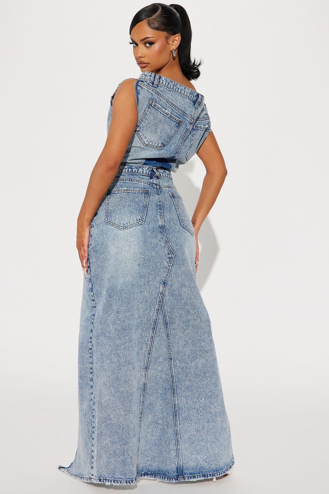 Off-the-Shoulder Vintage Denim Skirt Suit Two-Piece Set