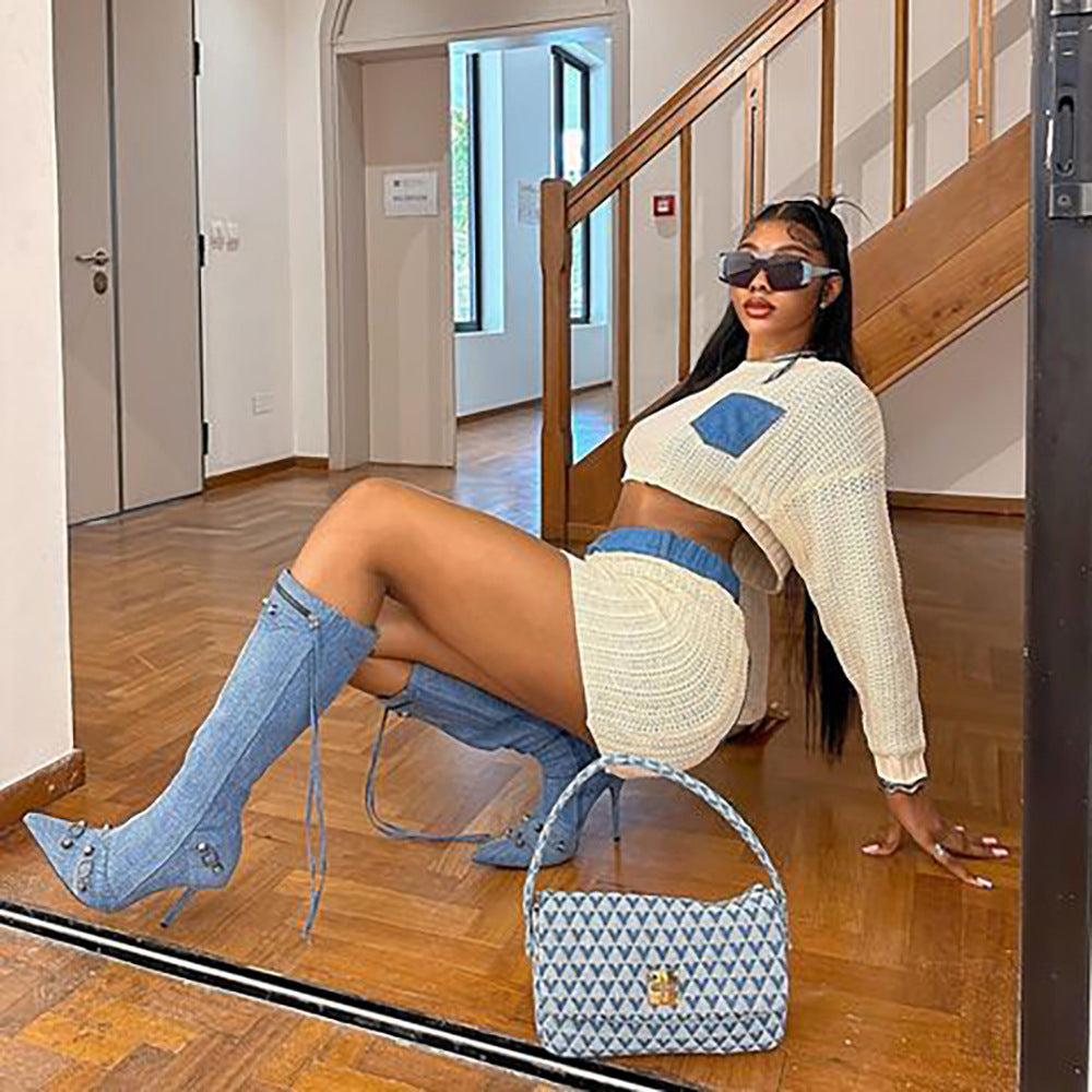 Spliced bare mesh long sleeved hip wrap skirt set
