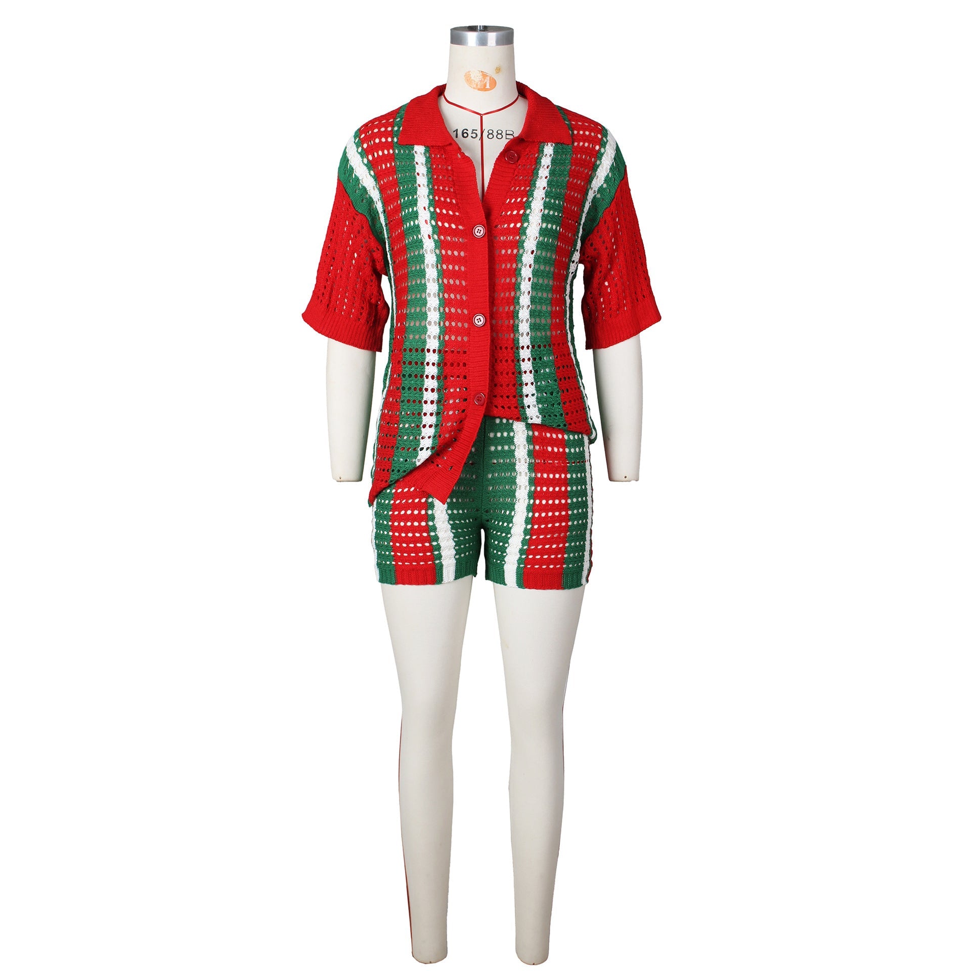Hollow out See-through Contrast Color Lapels Knitted Shorts Suit