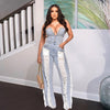 Tassel Hole Rhinestone Washing Water Denim Jumpsuit Female