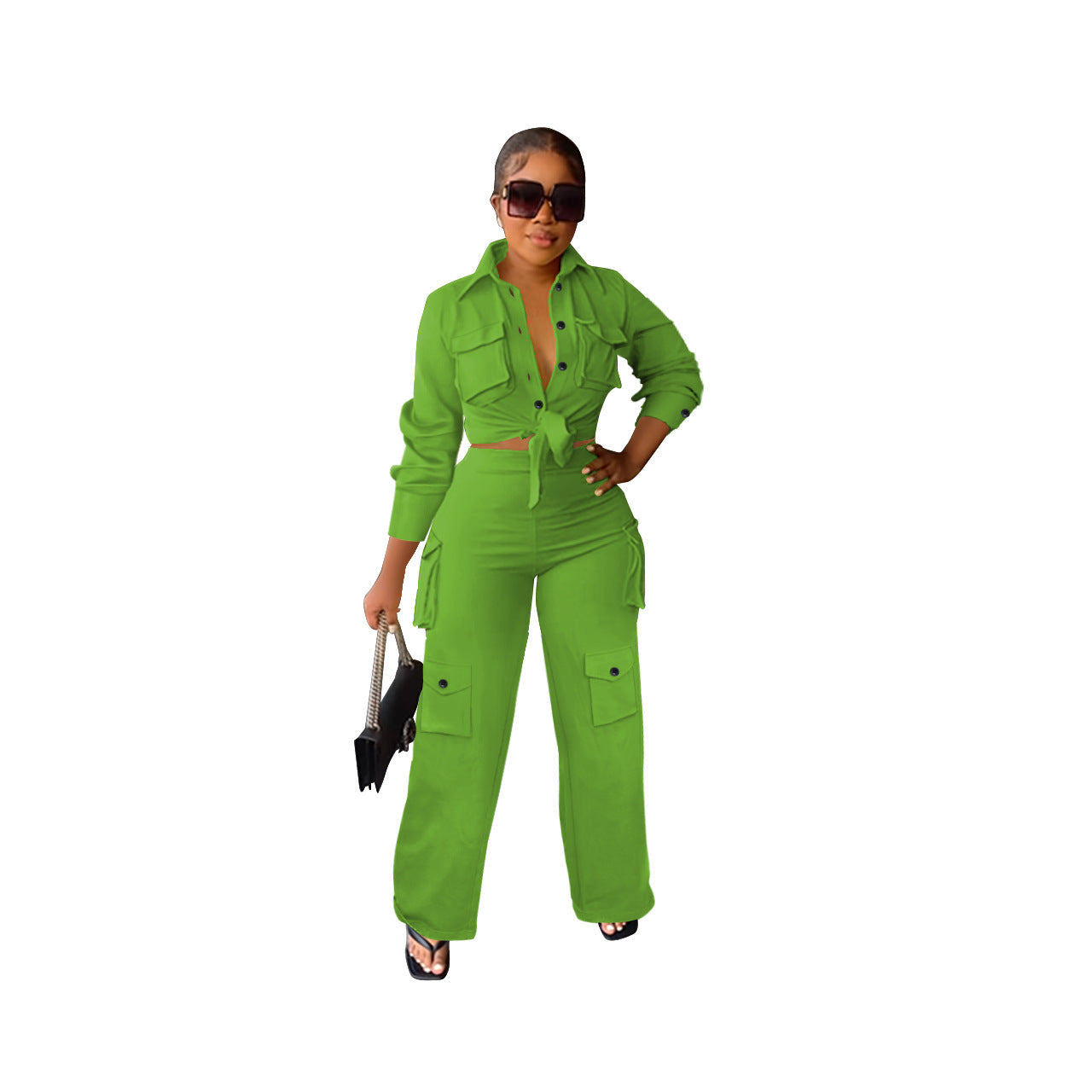 Long sleeves, long pants, cargo style, wide leg, solid color,2pc set