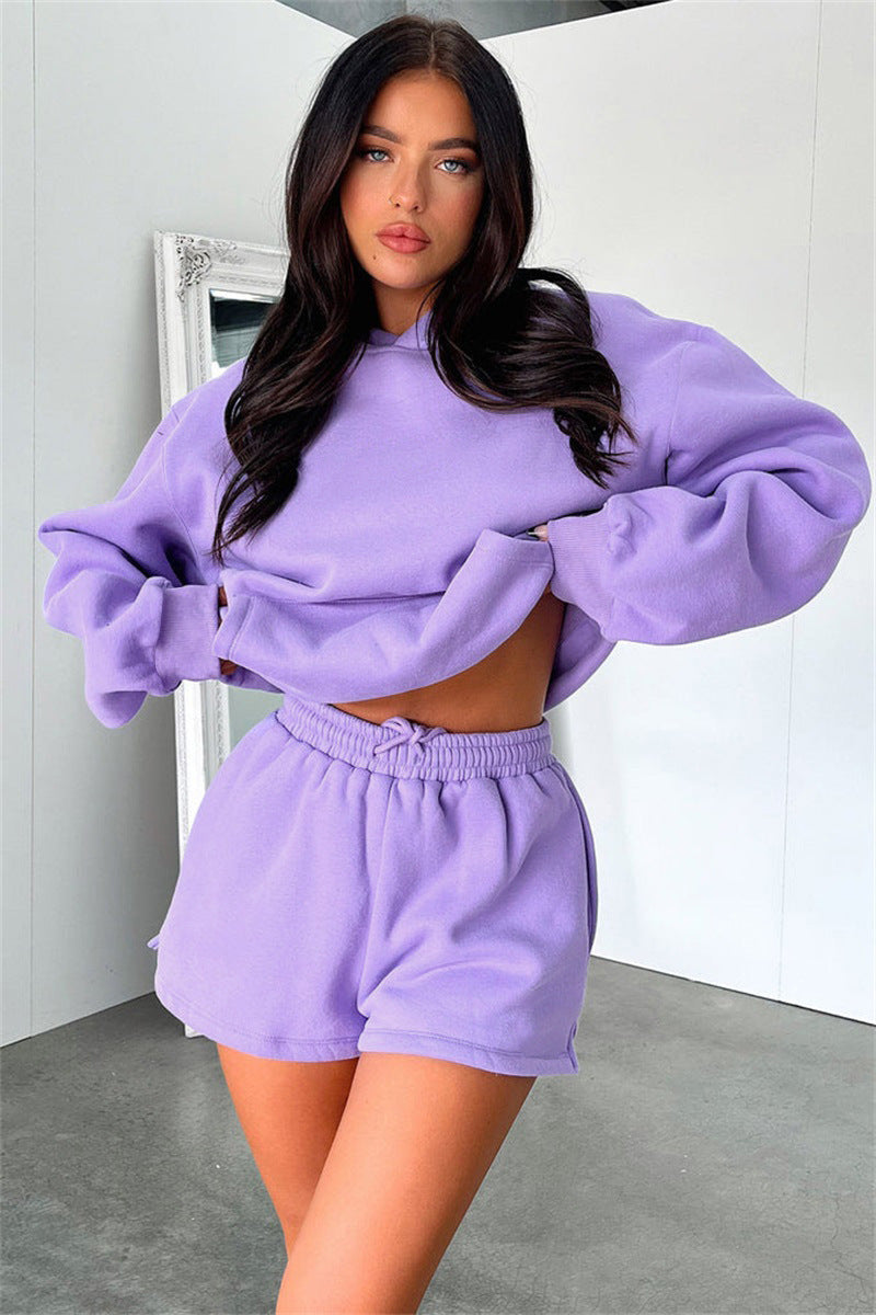 Solid Color Long Sleeved Shorts Hoodie Two-piece Set