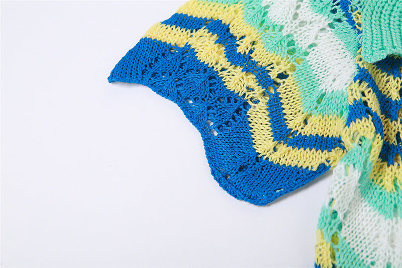 Knitted Dress Polo Color Contrast Dress