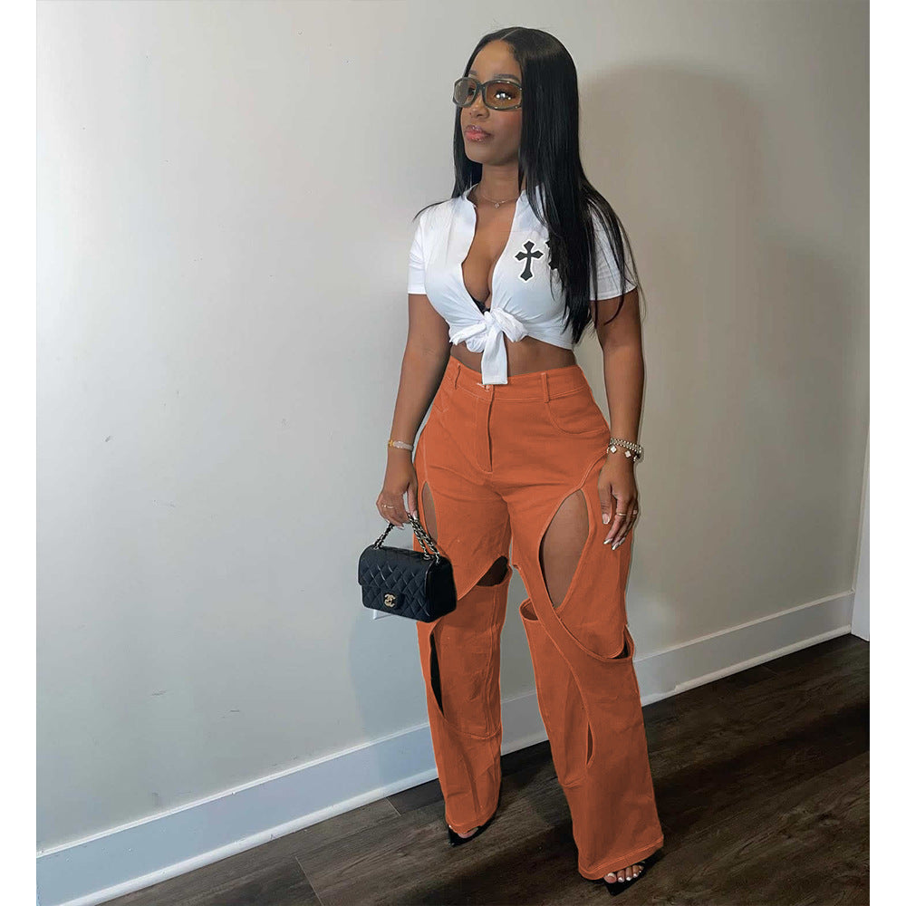 Cotton Fried Dough Twists hollow casual pants