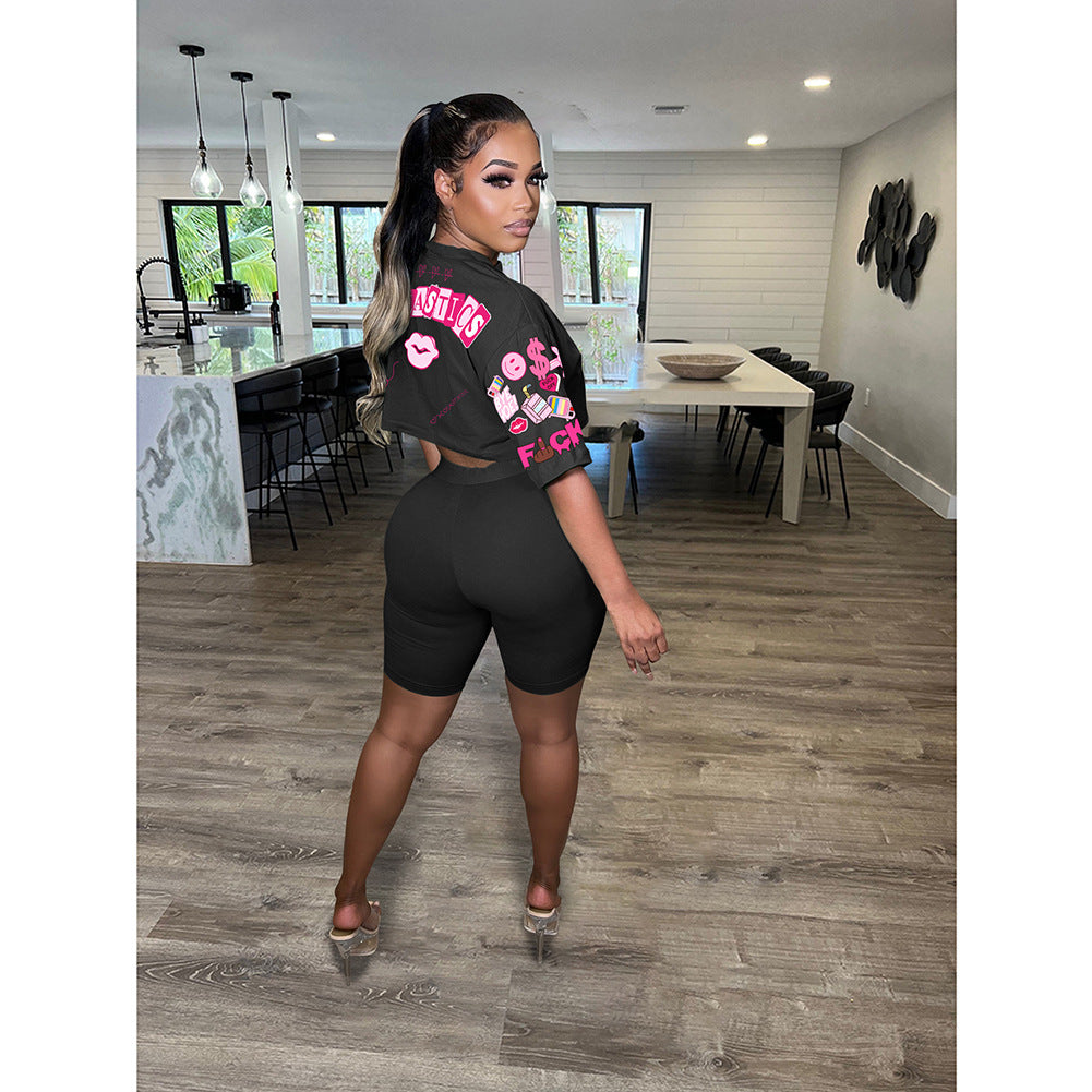 Printed Round Neck Short Sleeve Shorts